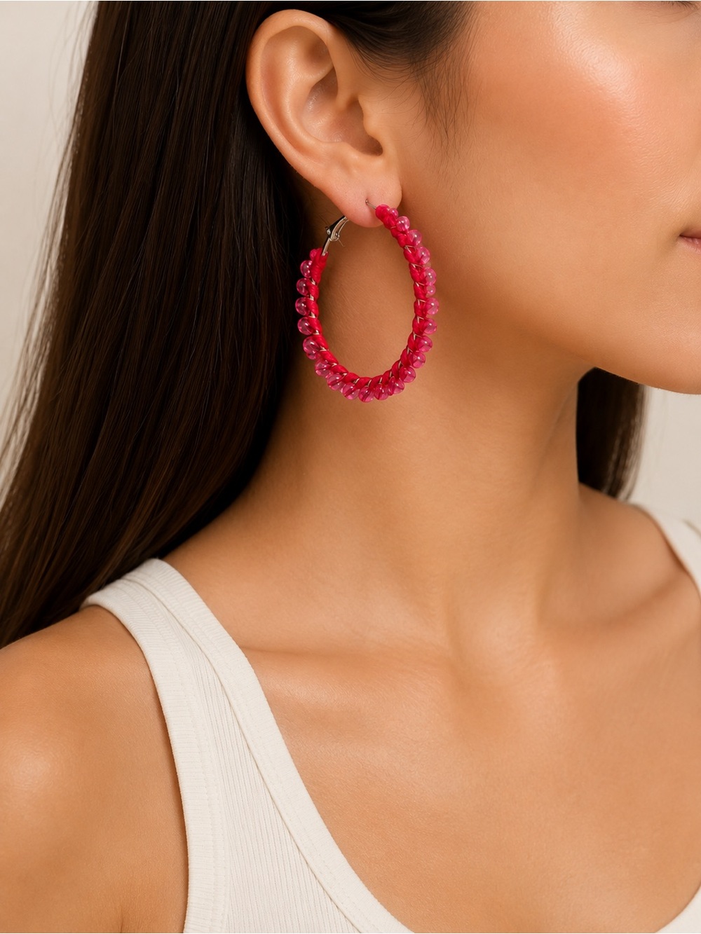 Pink Beaded‎ Hoop Y2K Earrings Nickel Free